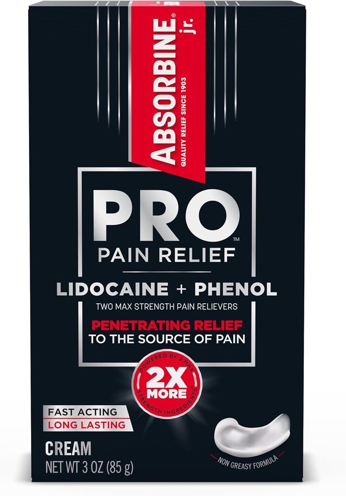 ABSORBINE JR. Absorbine Jr. PRO Max Strength Lidocaine Cream, Maximum Pain Alief with Phenol for Fast-Acting of Nerve Pain, Muscle Aches, and Joint Disconffort, Non-Greasy Formula, 3 onças. Tubo, 1
