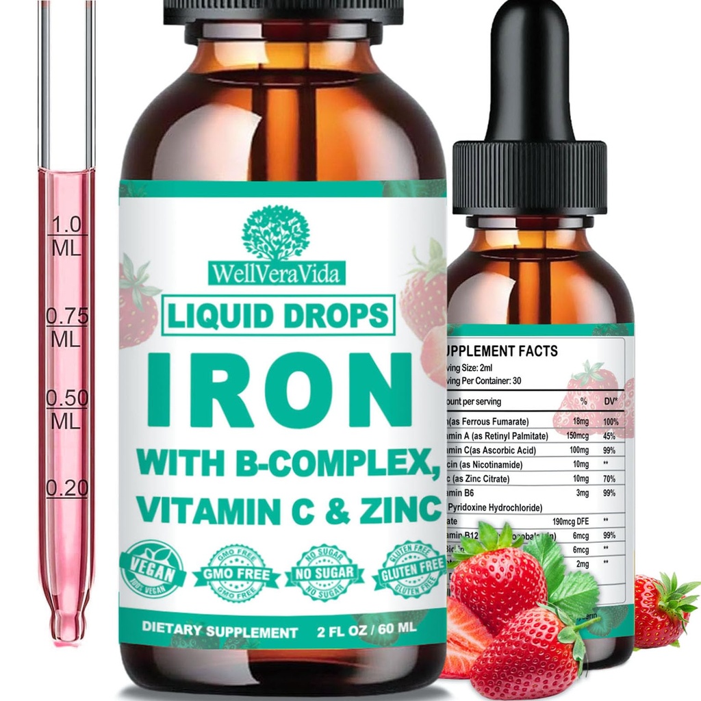 Liquid Iron Supplement w/Vitamin C, B-Complexo, Ferro de alta potência Líquido w. Multivitamin, Vegan Iron Drops para Mulheres, Crianças, Quelate Liquid Iron Supplement for Anemia, Fadiga, Red Blood Cell Support