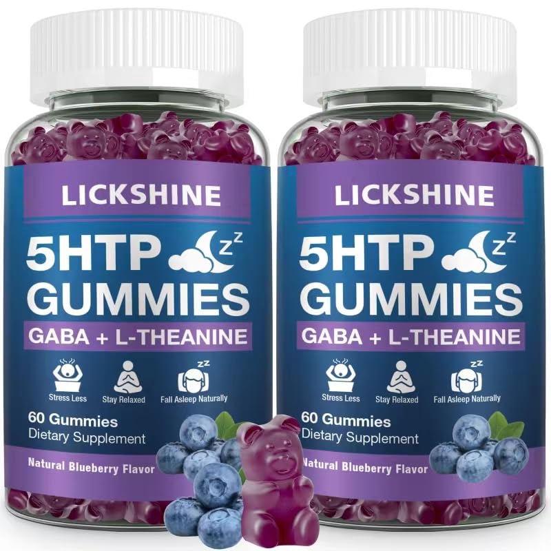 2 Pacote 300MG 5-HTP GABA Supplement Gummies Supplement com 200mg L-Theanina Suplemento para Cérebro, Estabilizador de Humor e Apoio ao Sono, Sem Melatonina, Omega 3-6-9 para Zzzs Natural, Flavor de Mirtilo