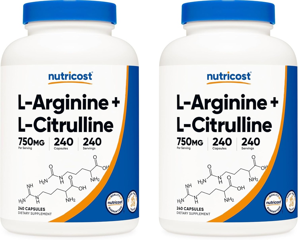 Nutricost L-Arginina L-Citrulina Complexo 750mg, 240 Cápsulas (2 Garrafas) - Não-GMO