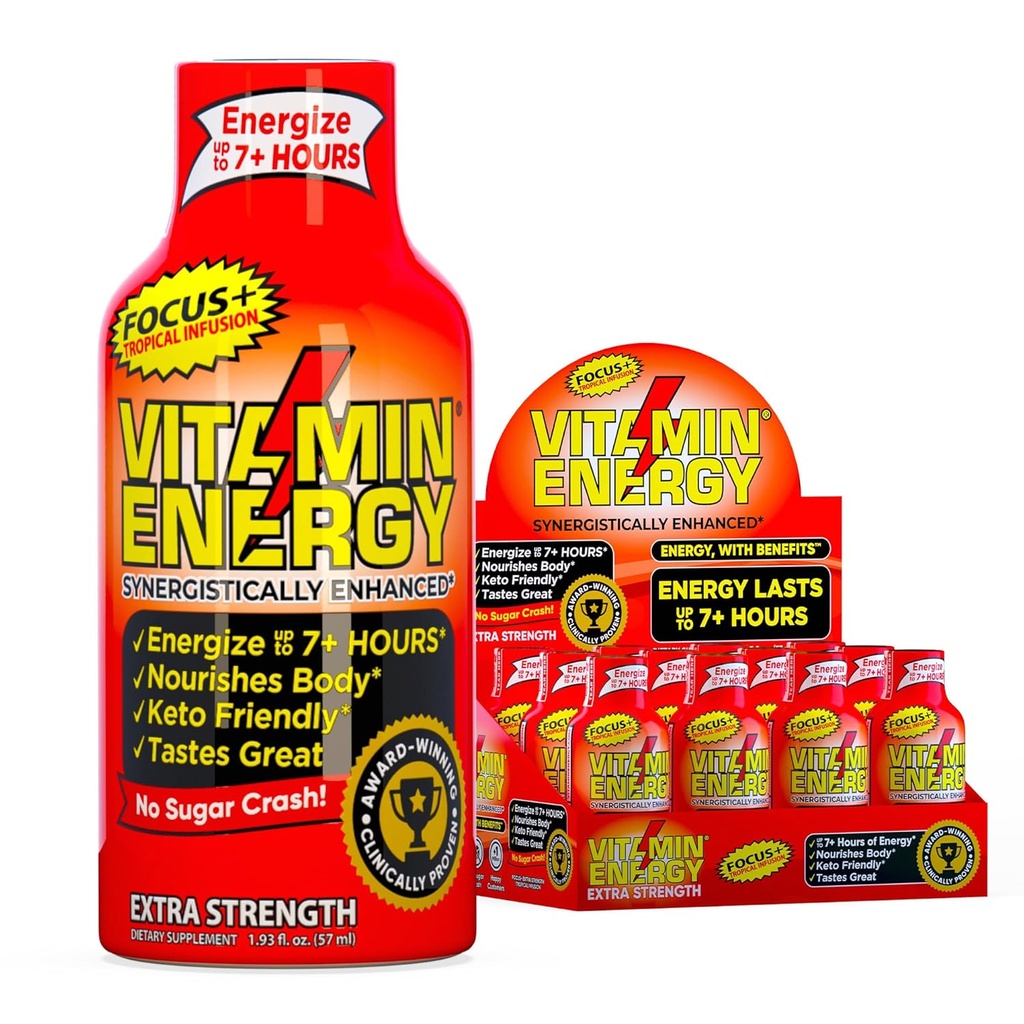 Vitamina Energia Focus+ Energia de força extra Tiro Tropical Infusion 12 Pack, 260mg Cafeína Natural, B-Vitaminas, CoQ10, Aminoácidos, Foco, Produtividade e clareza, Açúcar Zero, Sem Glúten, 1,93 fl oz