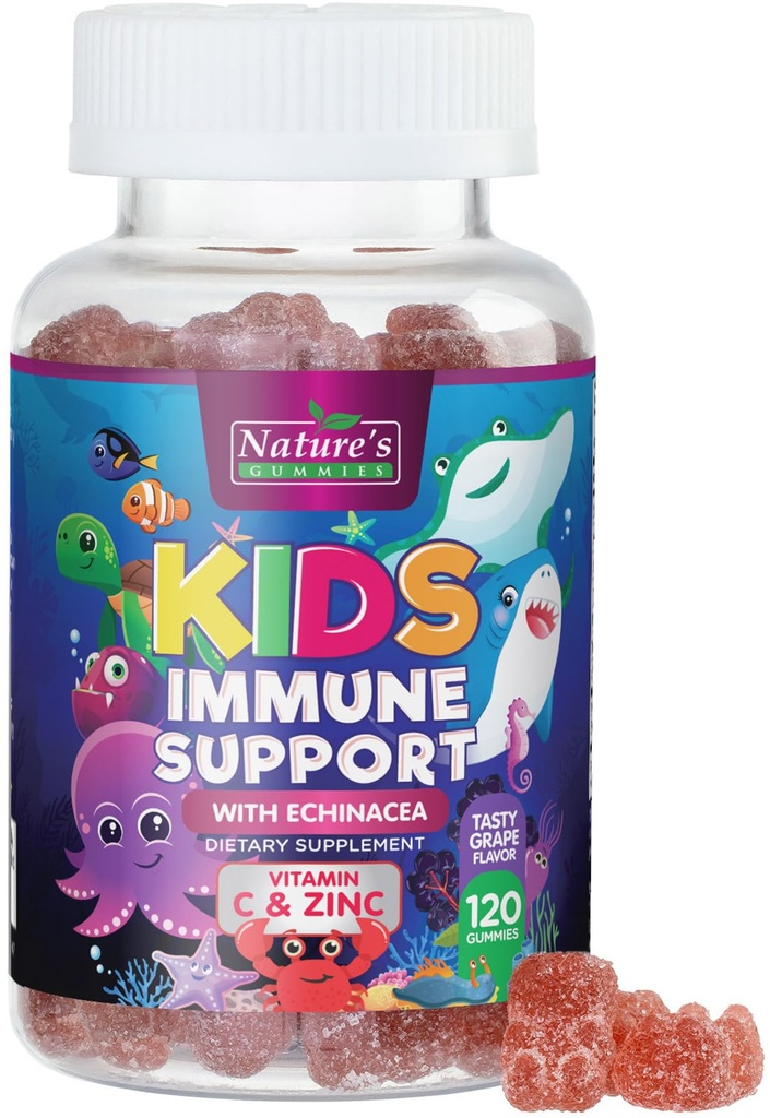 Kids Imune Supplement Gummies - Vitaminas C, Zinco e Echinacea - Gummy para Crianças Suporte Imunidade, Idades 4 e para cima, Sabor Berry Natural, Não-GMO, Gluten-Free & Vegan - 120 Gummies