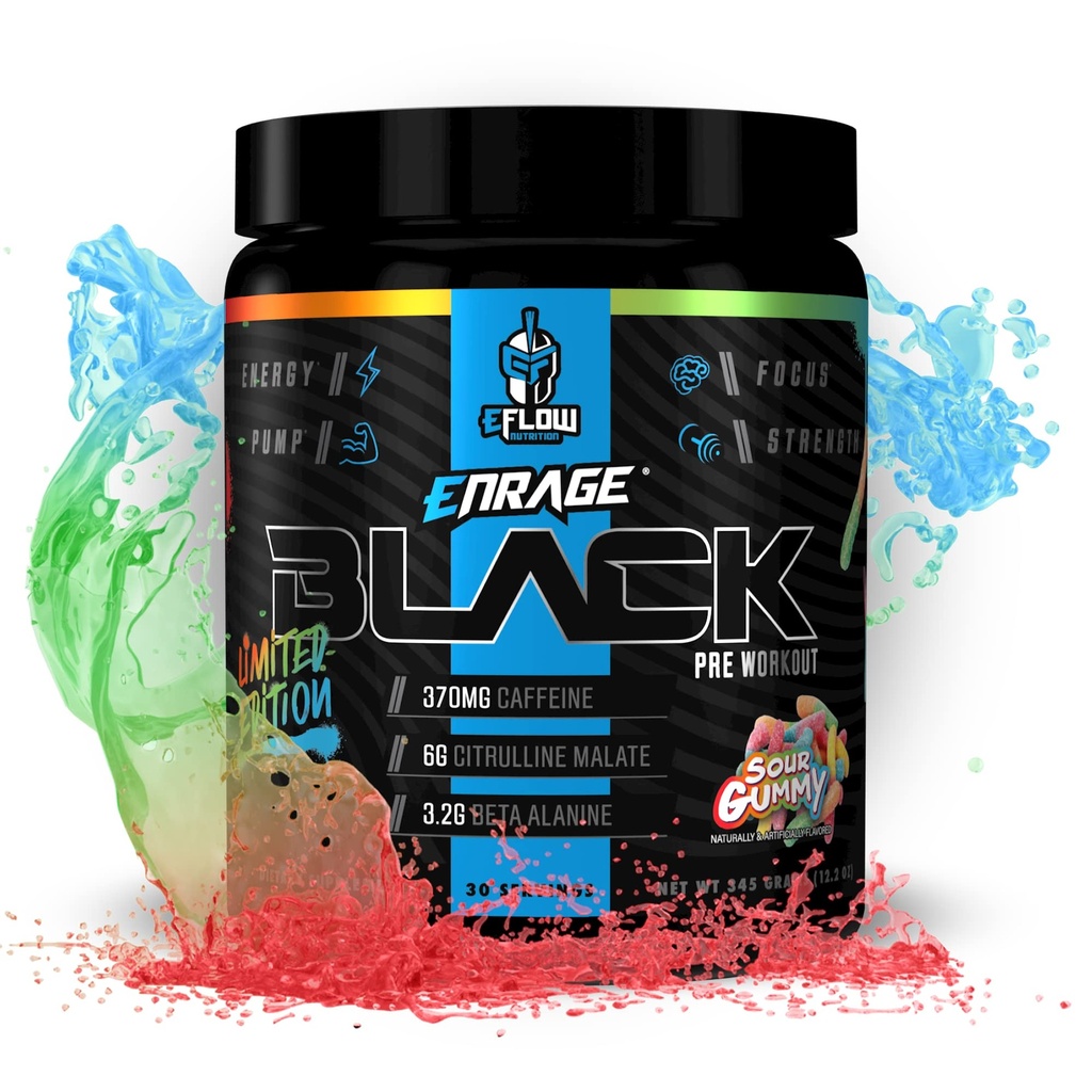 eFlow Nutrition Enrage Black High Stimulant Pre Treino Suplemento - Pré-treino Pó para aumentar a energia, bombas e força - 4 sabores (30 Servings) (Sour Gummy)