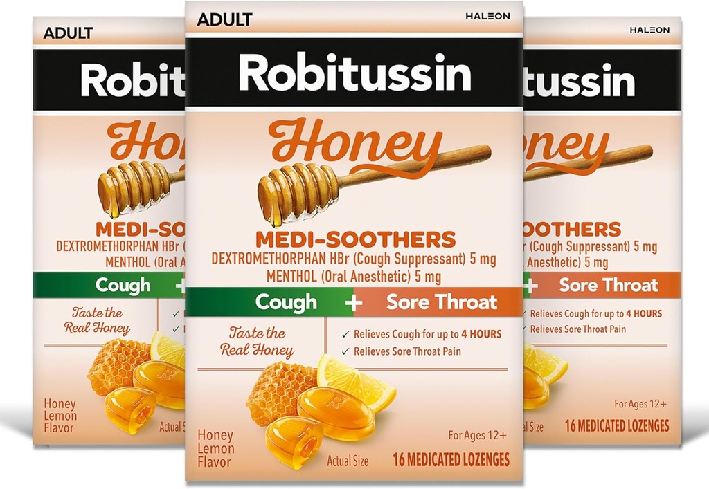 Robitussin Medi-Soothers Honey Lemon Throat Lozenges, Long-Lasting Tosse + Alívio doloroso da garganta - 48 Count (3 x 16ct Packs)