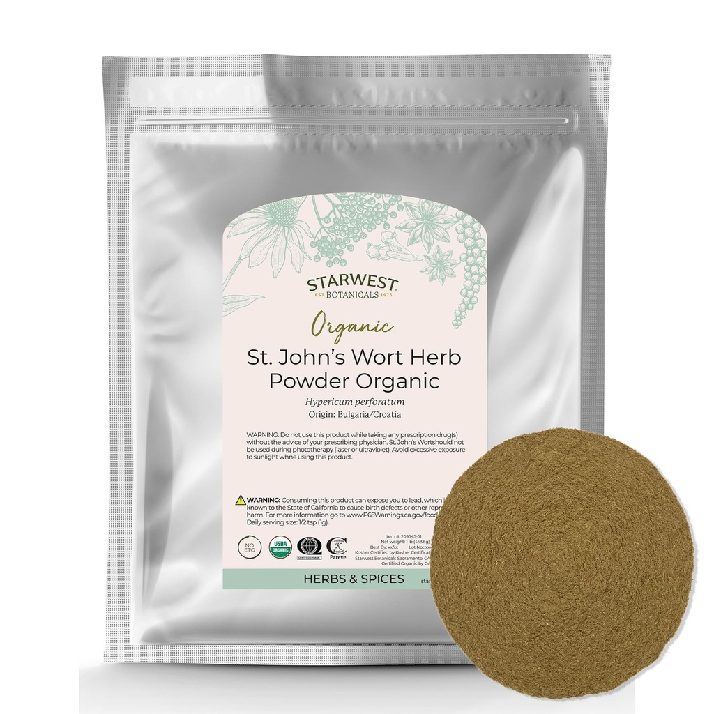 Starwest Botanicals Organic St. John's Wort Powder - Herb seco para chá, feito de St. John's Wort Flower, suporte de relaxamento, Kosher certificado, Não-GMO - Bulk 1 lb Bag