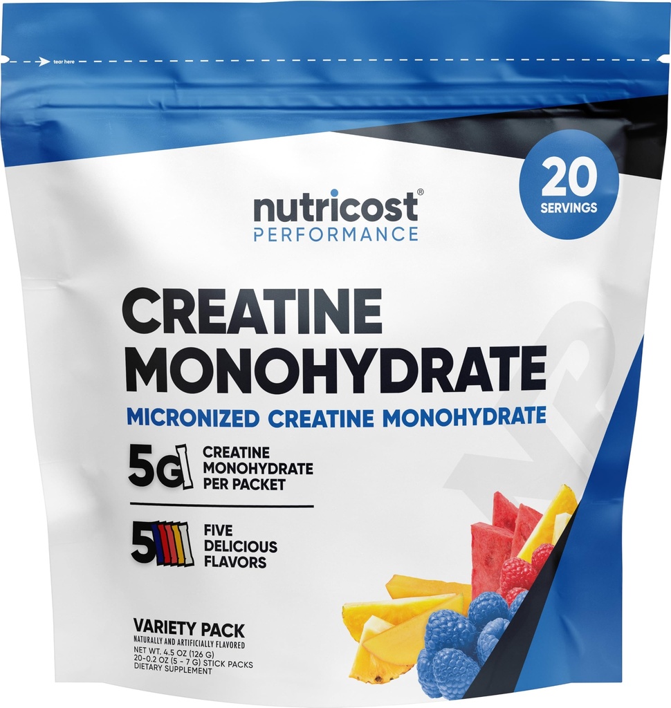 Nutricost Creatina Monohidrato em pó Variety Stickpacks (5 sabores, 20 servões) - Micronizado, 5 gramas de Creatina Monohidrato por embalagem