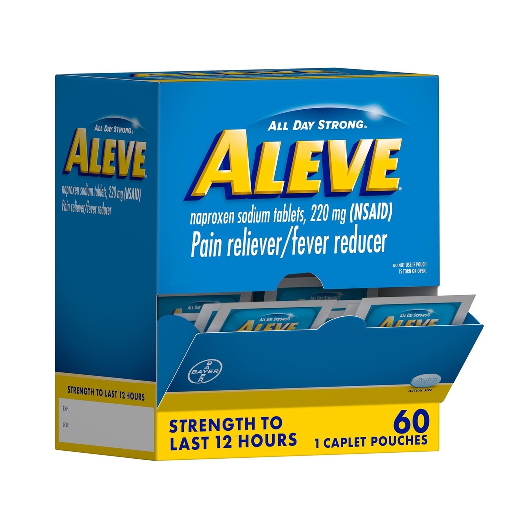 Aleve Pain Reliever & Fever Redutor Naproxen Caplets de sódio, corpo e artrite Reliever dor, Medicina para adultos e crianças Idade 12 e Up, 60 Pouches individuais