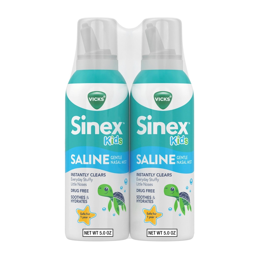 Vicks Sinex, Pulverizador nasal salino infantil, Drug Free Ultra Fine Mist com Dica de Aloe, Idades 1+, Rápido Todos os dias Nariz recheado alívio para crianças, muco claro de um frio ou alergia, 5 OZ x 2
