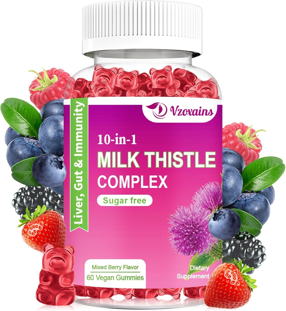 Pastilhas de cardo de leite, fórmula de ervas 10-em-1 para limpeza do fígado Detox e reparo com raiz de dente-de-leão, alcachofra, alcachofra - função ótima do fígado e saúde digestiva - sabor de berry misto