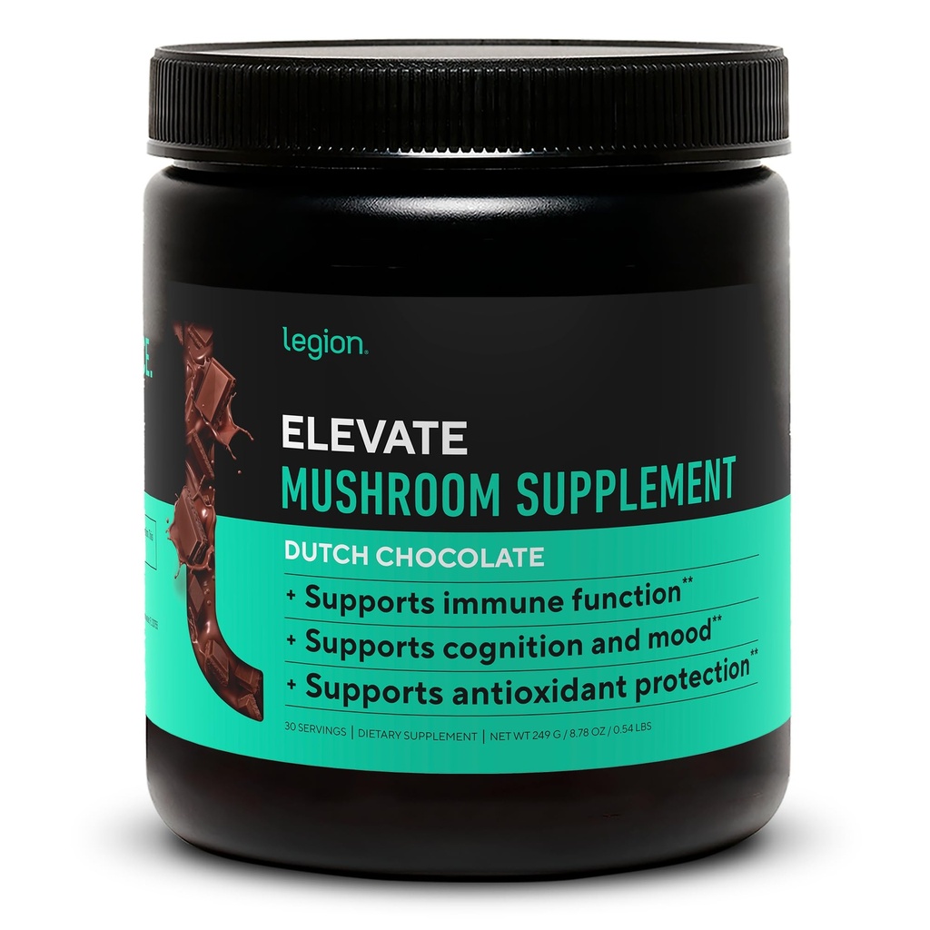 LEGION Elevate Mushroom Supplement Powder - Mushroom Mistura de Leões Mane Powder, Reishi Powder & Beta-Glucan- Mushroom Powder para aumentar o sistema imunológico, humor e desempenho Chocolate holandês (30 Servings)
