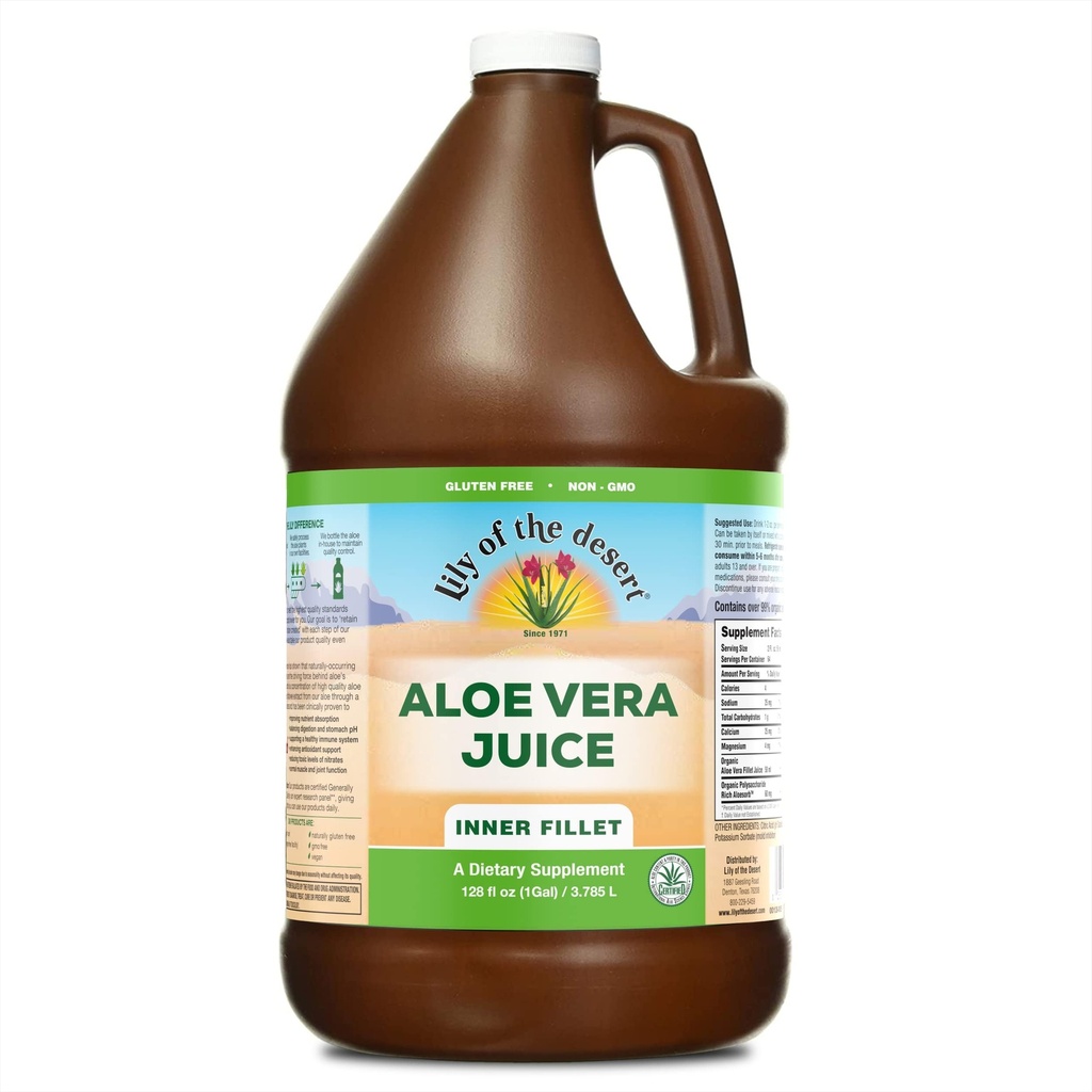 Lírio do Deserto Aloe Vera Juice - Fillet interior Aloe Vera Bebida, Suco orgânico de Aloe com vitaminas naturais, Enzimas Digestivas para a saúde do intestino, Alívio estomacal, Bem-estar, Pele brilhante, 128 Fl Oz