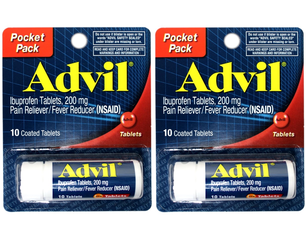 2 Embalagem de Pacote de Bolso Advil Reliever / Redutor de Febre Ibuprofeno 200mg - 10 Comprimidos Revestidos Por Embalagem (20 Comprimidos Total)
