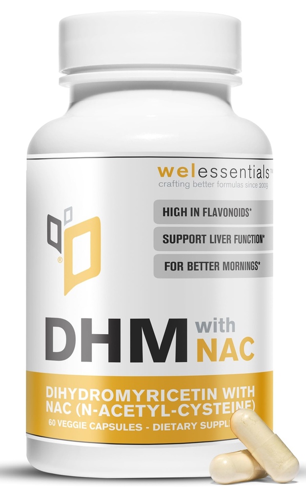 DHM di-hidromiricetina com NAC - 650mg x 60 Cápsulas - 300mg N-acetil-cisteína, 350mg Di-hidromiricetina - Suplemento dietético de força máxima para suporte ao fígado, hidratação