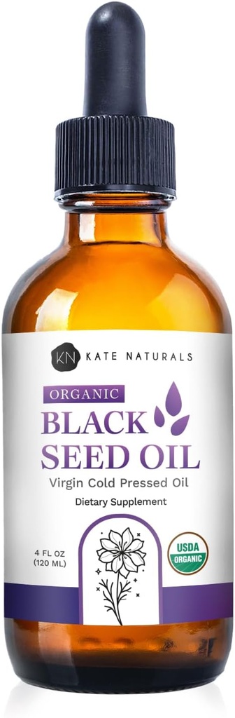 Kate Naturals Óleo Orgânico de Sementes Negras (4 onças, Virgem, Frio Pressionado, Não-GMO) Líquido Nigella Sativa para Suporte Imune e Digestão. Puro óleo de cominho de semente preta para cabelos e pele