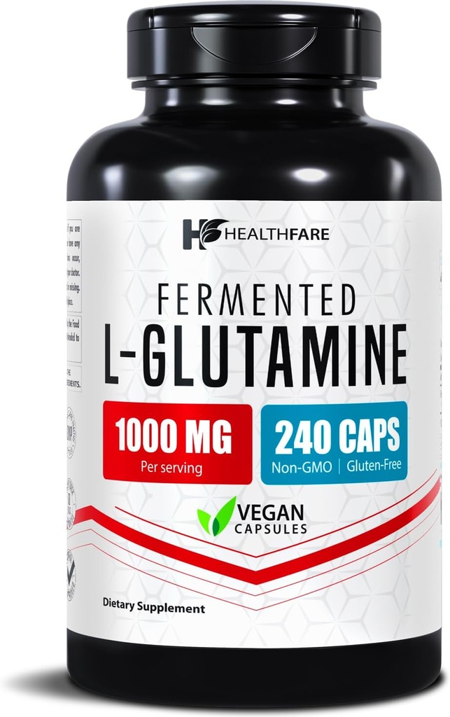 HealthFare L Glutamina 1000mg □ 240 Cápsulas Vegan □ Suplemento Amino-ácido de força extra Suporta equilíbrio digestivo, Absorção nutriente e recuperação muscular □ Não-GMO, Gluten-Free