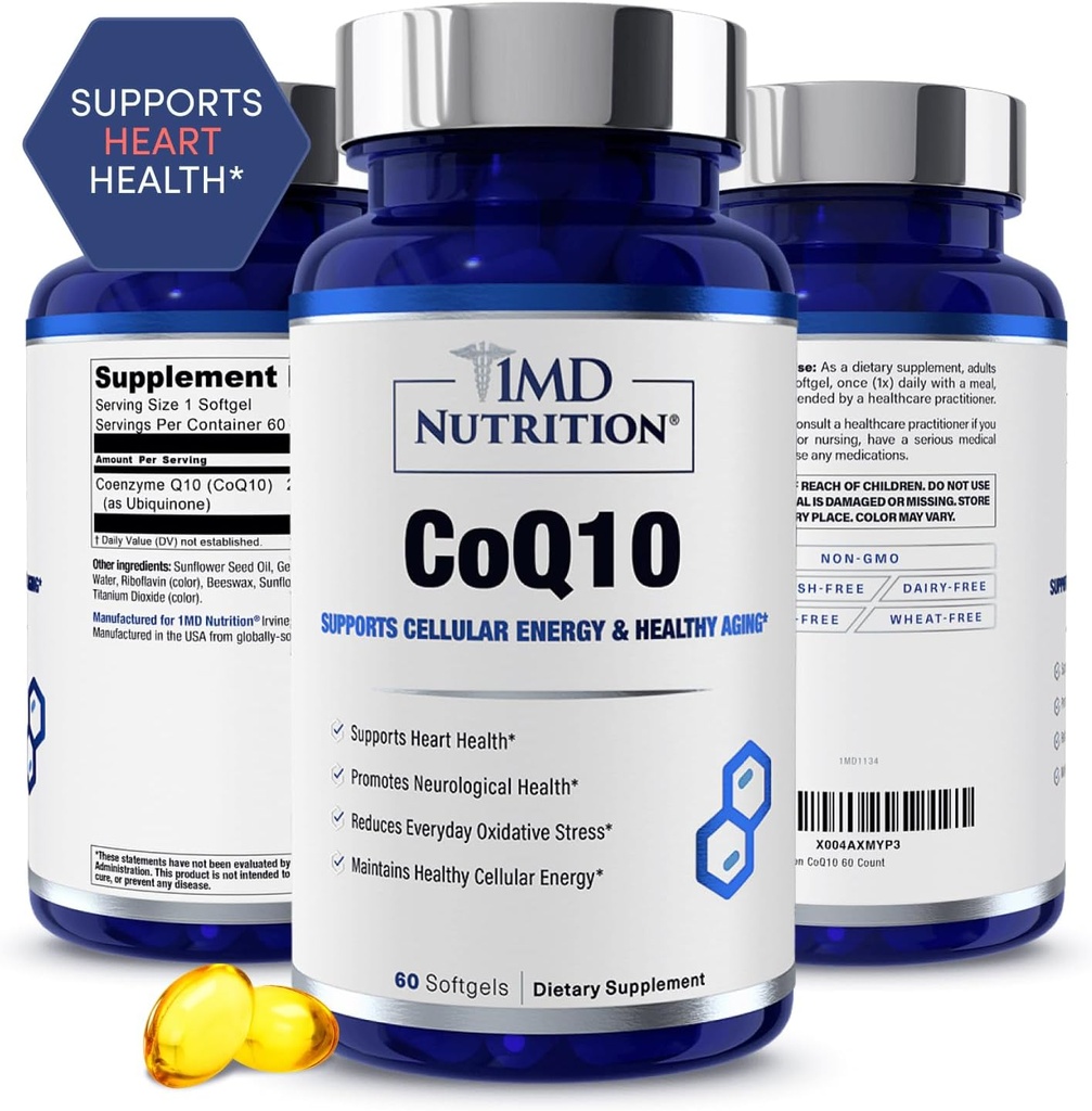 1MD Nutrition CoQ10 - para Saúde do Coração e Produção de Energia Celular - Suplemento de Saúde para Homens e Mulheres - Coenzima Q10 Softgel - 60 dias