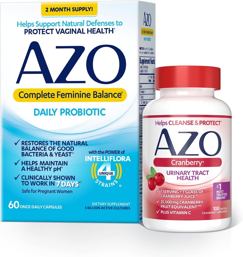 AZO equilíbrio feminino completo Probióticos diários para as mulheres (60 Conde) + Cranberry Softgels para a saúde do trato urinário (100 Conde)