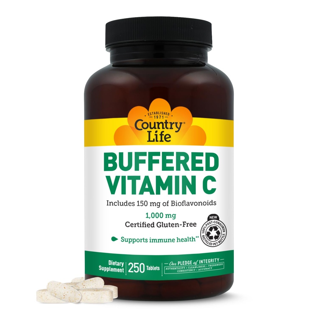 País Vida Buffered Vitamina C 1000mg com Bioflavonóides, Cálcio, Magnésio, Potássio - Suporte Imune, Cápsulas Vegan, Sem glúten, Gentil no estômago - 250 Comprimidos