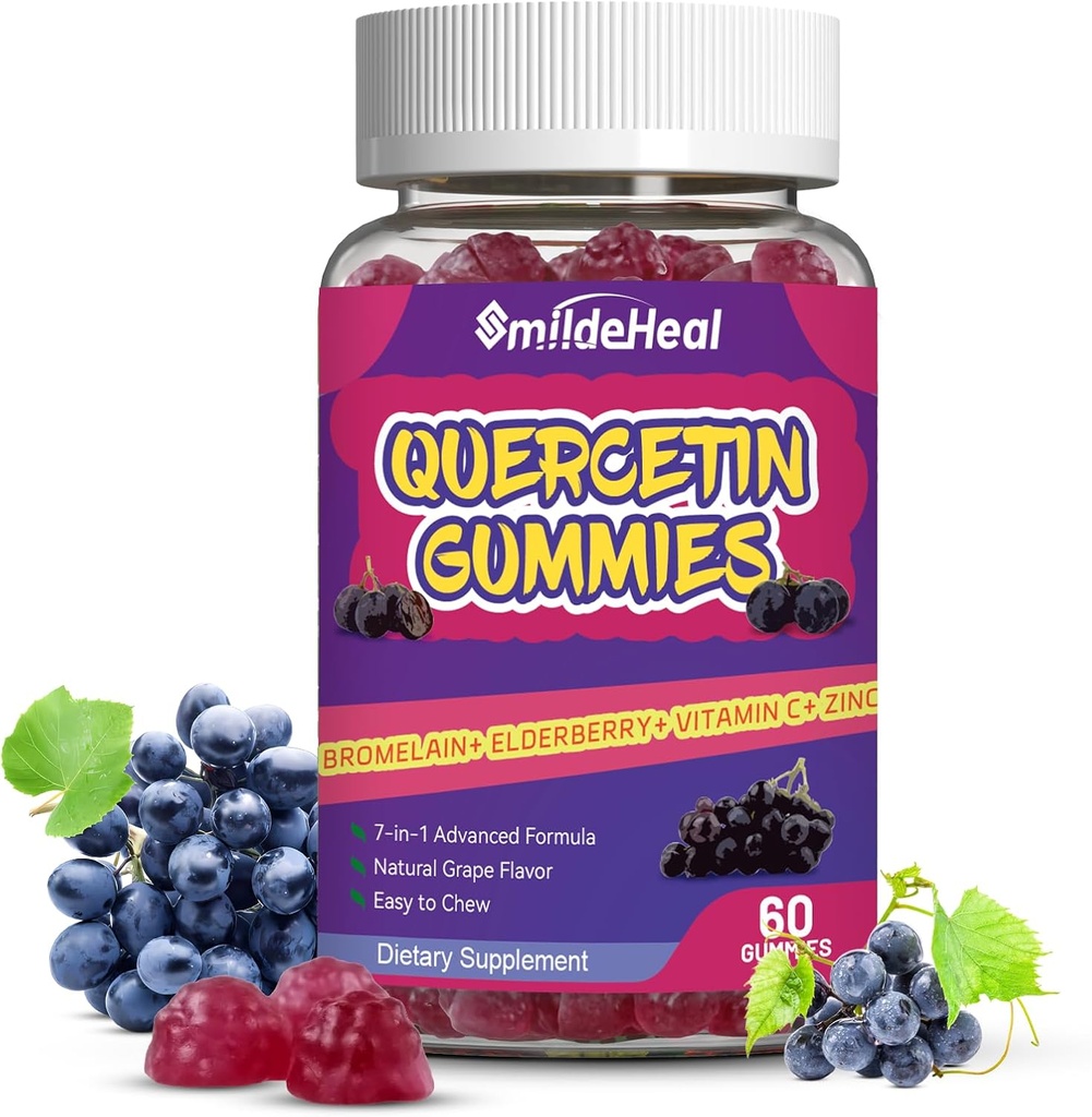 Quercetin Gummies 1200MG, Quercetin Gummies com bromelaína, Zinc Vitamina C, Quercetin Suplemento Gummies para adultos e crianças, 60 Vegan Gummies