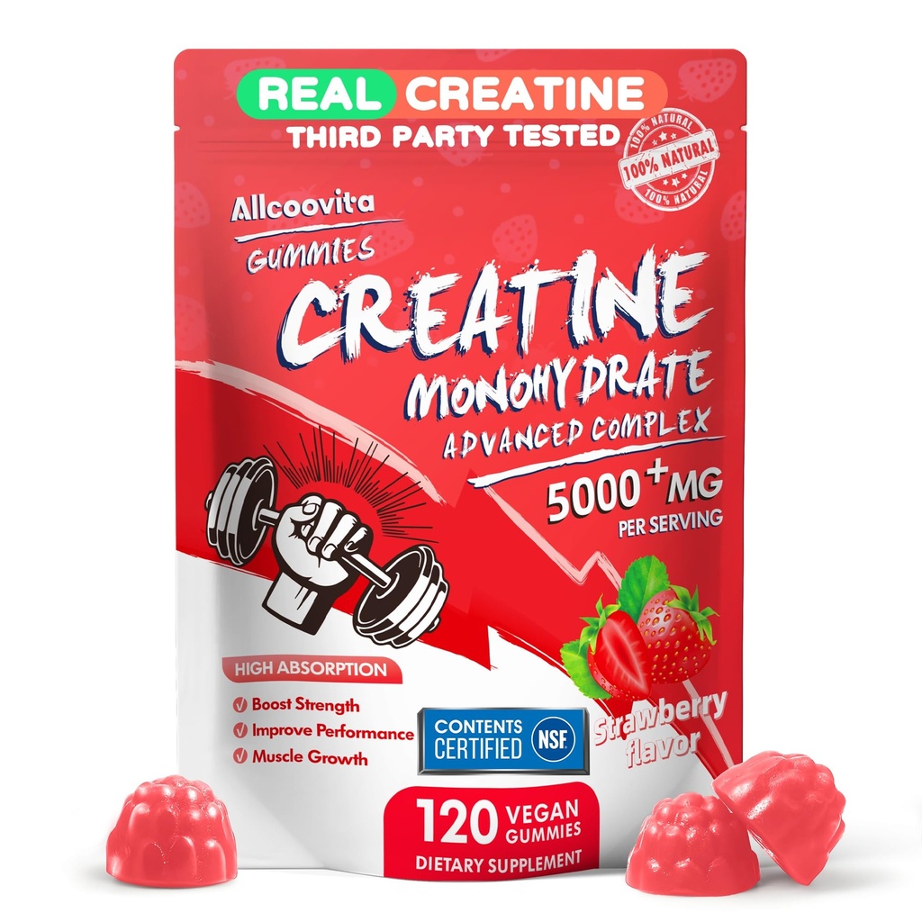 Creatina Complexo de pastilhas mono-hidratadas para homens e mulheres, 5 Gram por serviço Eletrolítico Creatina Gummy para força muscular, Muscle Builder, Energia Boost, Suplemento de pré-trabalho-120 Gomas de morango