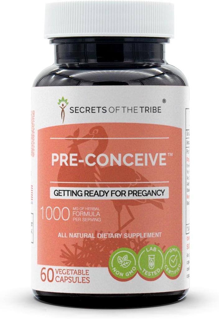 Segredos da tribo Pré-Conceção, 60 Cápsulas, 1000 mg, Vitex, Red Raspberry, Black Cohosh, Red Clover, White Peony, Shatavari. Preparando-se para Pregancy 60 Cápsulas