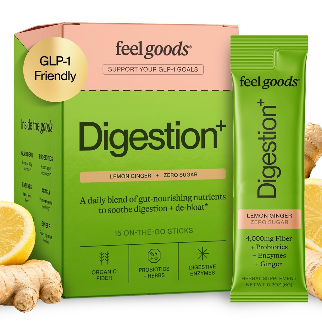 Feel Goods Gut Guardian, Fibra Orgânica, Pó Probiótico & Prebiótico, Livre de Açúcar, Ervas para Bloat, Suporte à Saúde Gut, Saúde Digestiva para homens e mulheres, Não OGM, Vegan, Lemon Ginger, 15 Conde