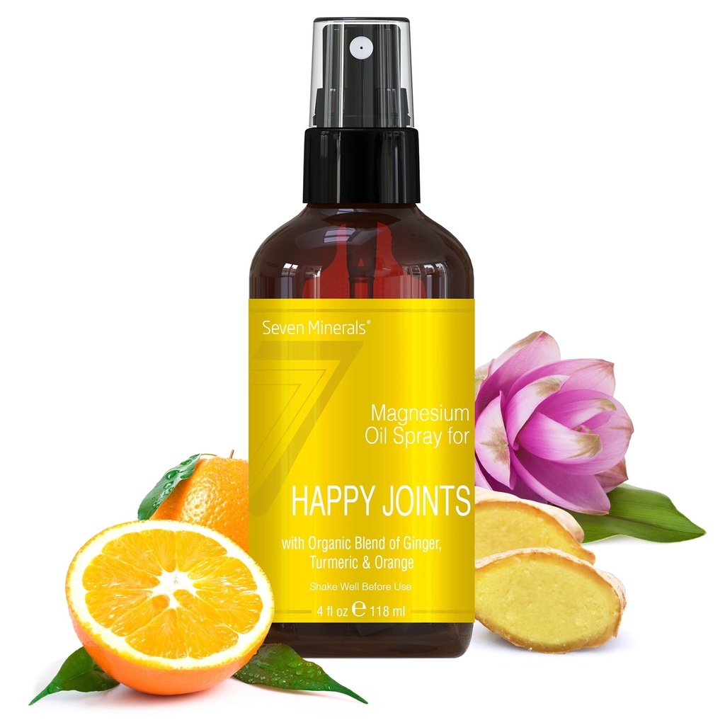 Seven Minerals, Magnésio Juntas Feliz Spray - Poderoso EUA Made Magnésio Óleo Mistura com Óleos Essenciais (Turmérica, Ginger e Laranja) - Ebook Incluído (4 fl oz)