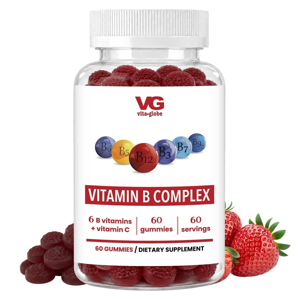 Vitaminas Gummy Complexo VITA GLOBE B – Sabor de morango com Vitamina C, Niacin, B6, B12 e Biotina (Suplemento diário para energia, metabolismo e suporte cognitivo)