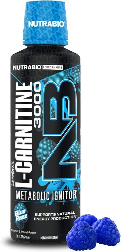 NutraBio – L-Carnitina Líquidos Shots – 3000mg, (Azul Razz) – 10mg de Vitamina B-5 – Zero Carbos e Açúcares – Produção de Energia – Recuperação muscular