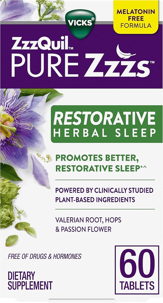 ZzzQuil Pure Zzzs Restorative Herbal Sleep, Tablets, Livre de Drogas e Hormônios, Fórmula Livre de Melatonina, Raiz valeriana, lúpulo, Flor da Paixão, Aids para Sono para Adultos, 60 Contagem