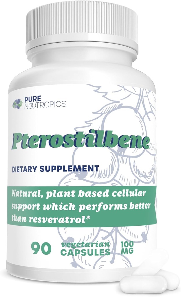 Pure Nootropics - Pterostilbene 100 mg Cápsulas (90) O suporte baseado em plantas para a saúde celular em casa & testes rigorosos de terceira parte para maior pureza e potência