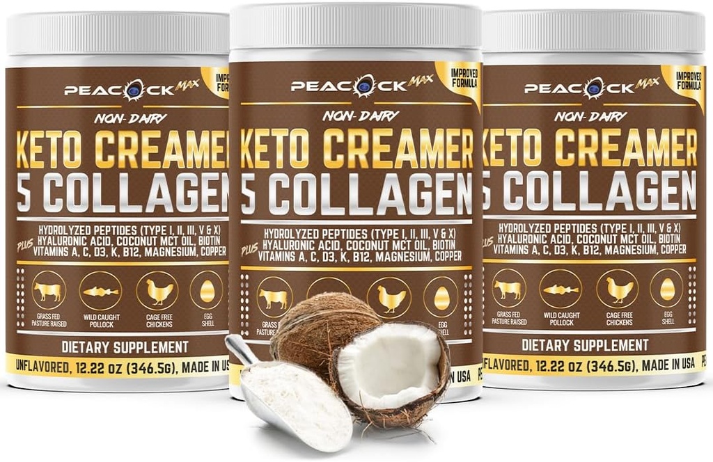 Colágeno Keto Creamer de café em pó 12.22 onças, pacote de 3, Peptídeos de colágeno hidrolisado com coco MCT Óleo, Magnésio, Pó de proteína sem sabor, Creme de café sem açúcar para smoothies