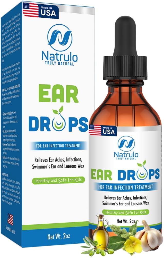Natrulo Natural Ear Drops for Ear Infection - Homeopático, Eardrops Herbais para Adultos, Crianças & Animais de estimação - para Dores de Orelha, Orelha de Nadador, Cera solta - Óleo de Orelha Segura para Crianças, Made in USA (2 Oz)
