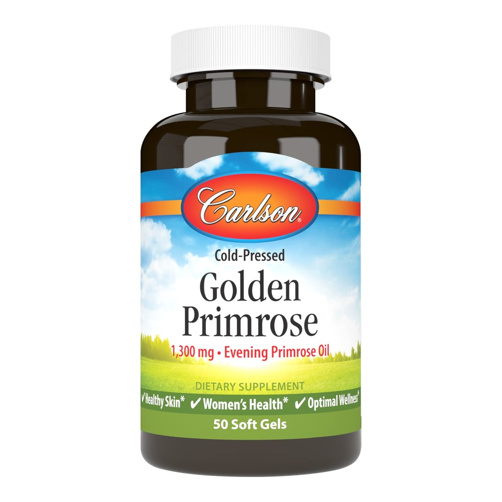 Carlson - Golden Primrose, 1300 mg Evening Primrose Oil, Cold-Pressed, Pele saudável, Saúde da Mulher & Bem-Estar Optimal, 50 Softgels