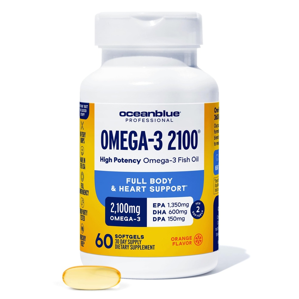 Oceanblue Professional Omega-3 2100-60 Contagem - Alta Potência Tripla Força Suplemento de óleo de peixe arrotado com EPA, DHA & DPA - sabor laranja, 30 Servings