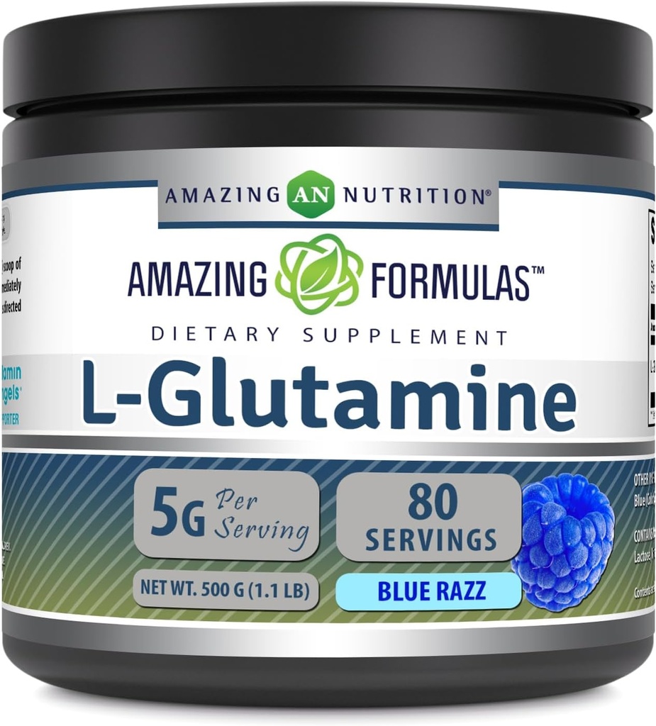 Fórmulas surpreendentes L-Glutamina em pó, Amino Acid Supplement, Não-GMO, Gluten Free, Made in USA (Blue Framboesa, 1,1 Lb)
