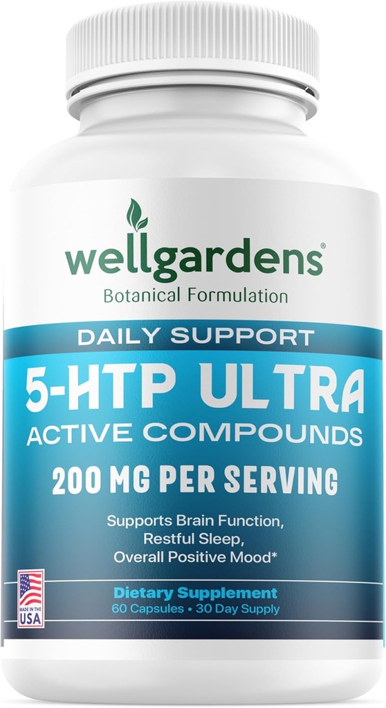 100% puro 200 MG 5-HTP Ultra para sono saudável e senso de bem-estar - apoio humor, estresse, sono - 5HTP Suplemento com Cálcio - 60 Cápsulas de 5HTP 200mg, 30 Servidores