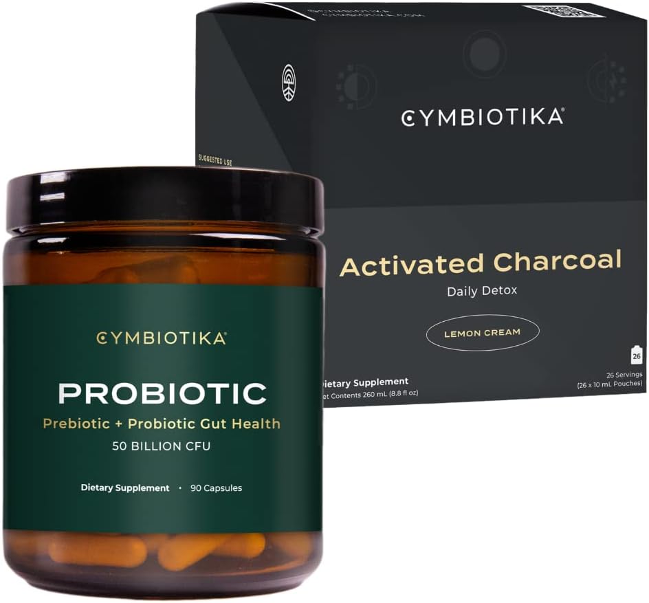 CYMBIOTIKA Probiótico 50 bilhões de UFC e Suplemento Líquido de Carvão Ativado, Suporta Digestão Saudável para Homens e Mulheres, Desintoxicação Estômago & Alívio Digestivo, Ajuda a aliviar o gás e Bloating, Fácil de usar