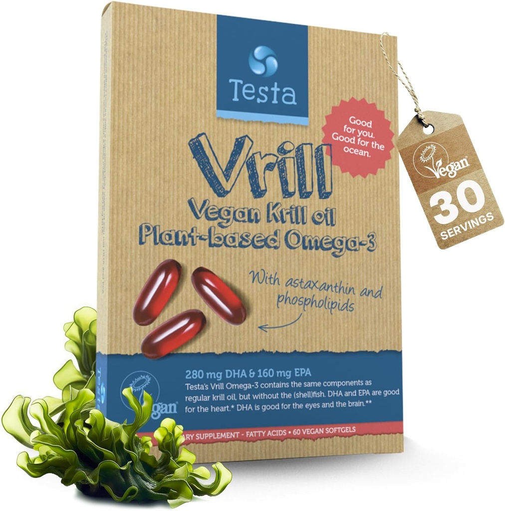 Testa Omega 3 Vegan Krill Suplemento-1000mg Softgels, 2 vezes mais Omega-3, DHA, EPA, Astaxantina, Fosfolipídios - Coração, Cérebro, Olho, Apoio Conjunto - Não de peixe, Fonte de algas - 60 Softgels