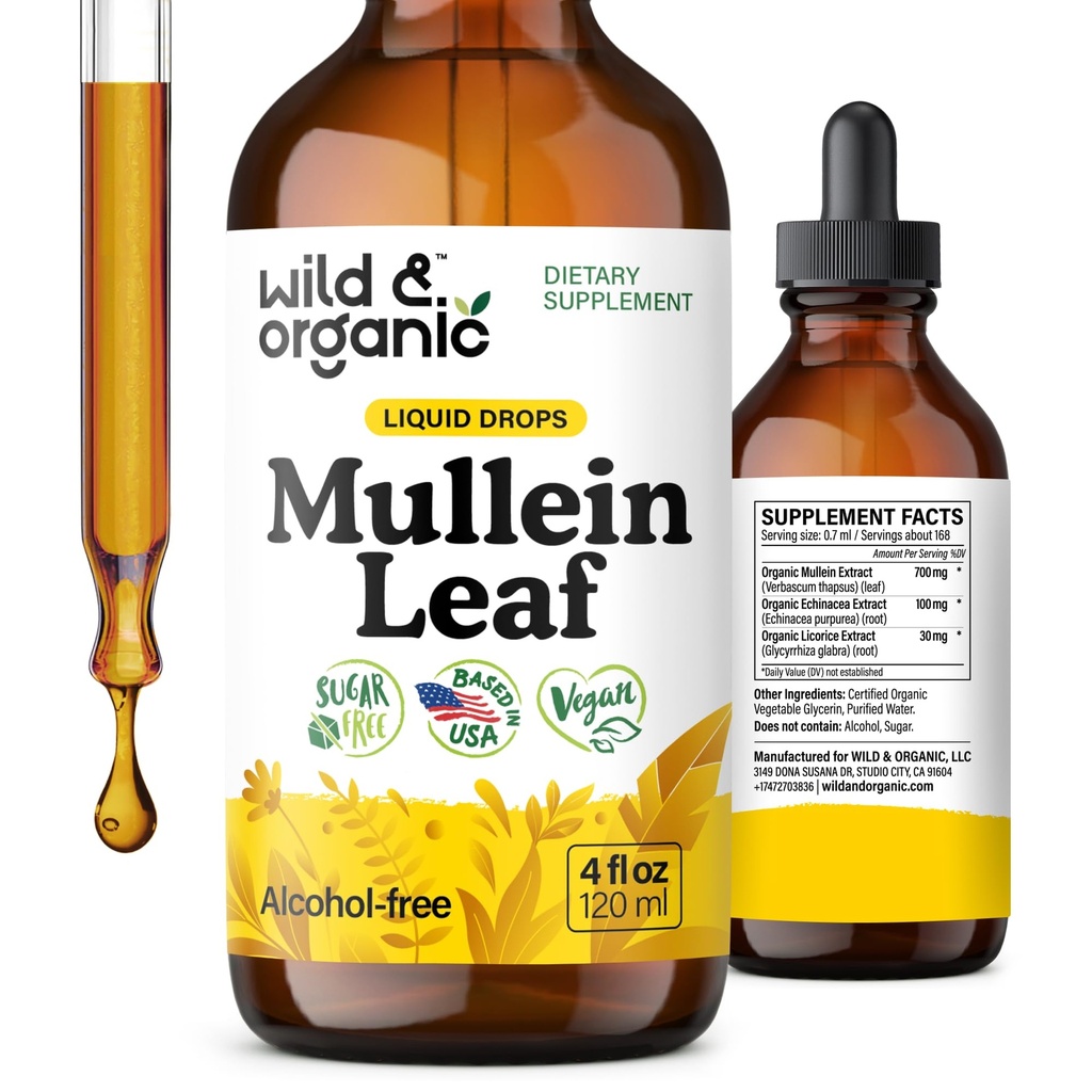 Selvagem e orgânica Mullein Tintura - Lung Cleanse e Detox - líquido Mullein Leaf Extract para pulmões com Echinacea - Verbascum Thapsus Drops - Vegan, Açúcar & Suplemento sem álcool - 4 fl oz