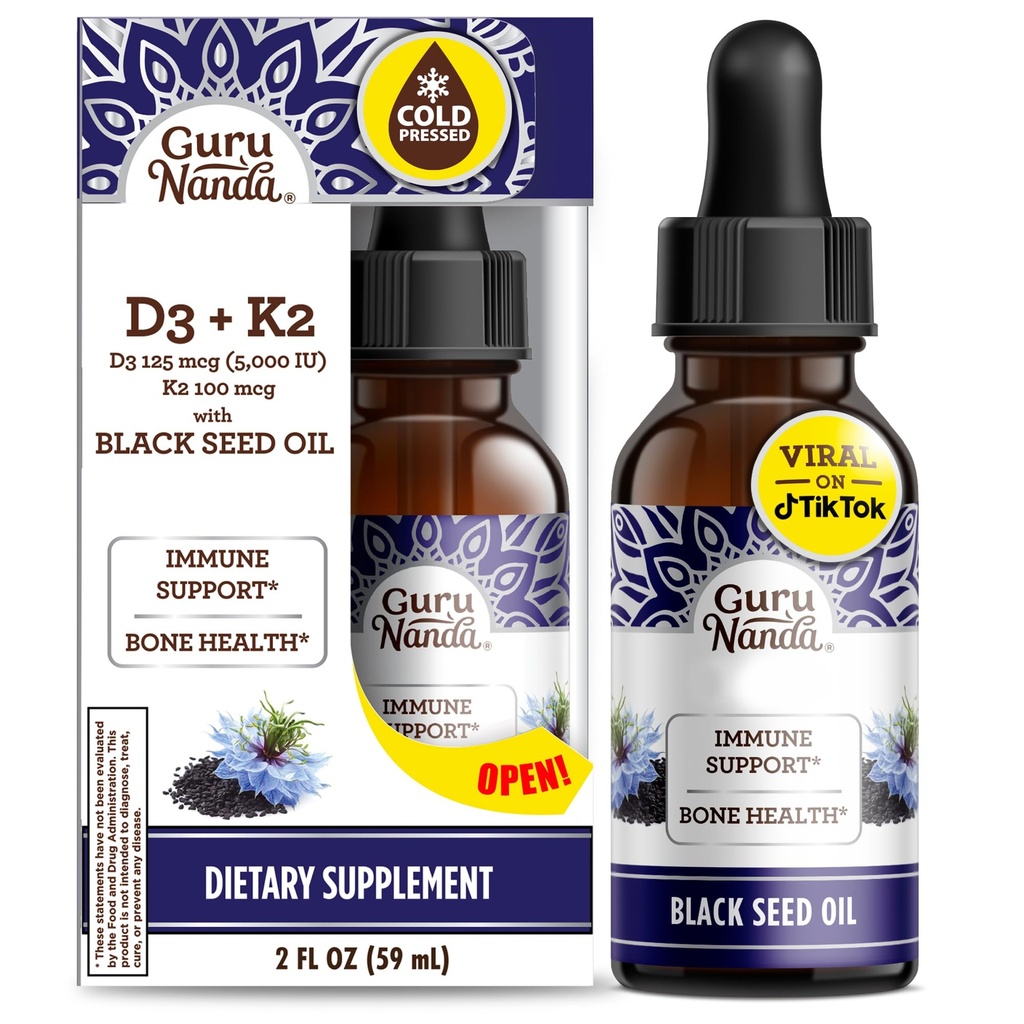 GuruNanda Black Seed Oil, Nigella Sativa com pressão fria - Rico em Vitamina D3 5000 Unidades, K2 & E, alta timoquinona □ Antioxidante potente para suporte imunológico, Não-GMO, 2 Fl.oz