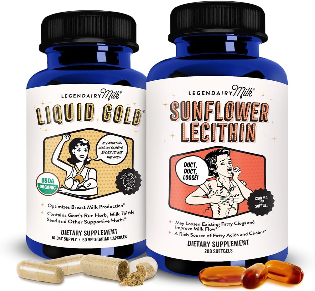 Leite Líquido Legendário Ouro + Lecitina Girassol Aleitamento Suplemento para Aumento de Abastecimento de Leite e para Dutos de Leite entupidos - Suplementos Amamenta para Fluxo de Leite e Impulsionar Produção de Leite