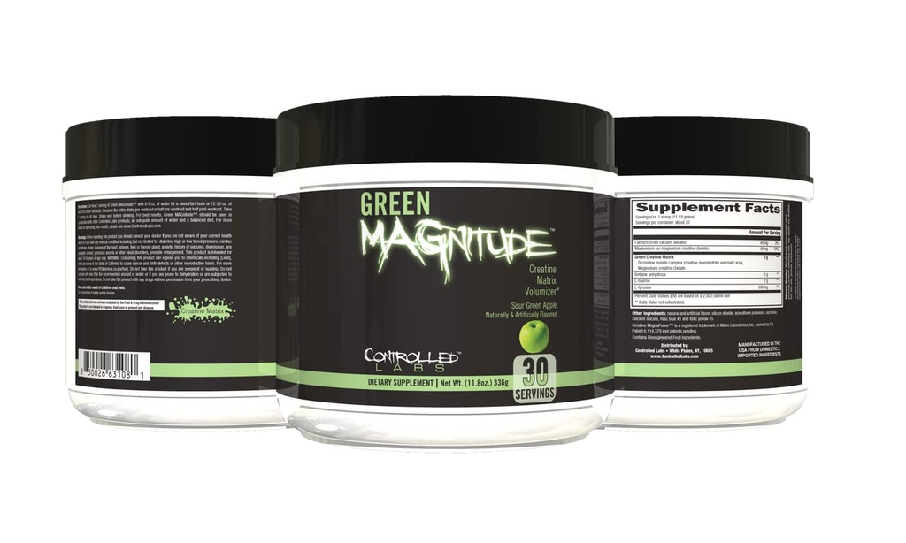 CONTROLED LABS Green Magnitude Supplement, Synergistic Creatine Formula Powder, Promove força, resistência e desempenho, (Sour Green Apple, 30 Servings)