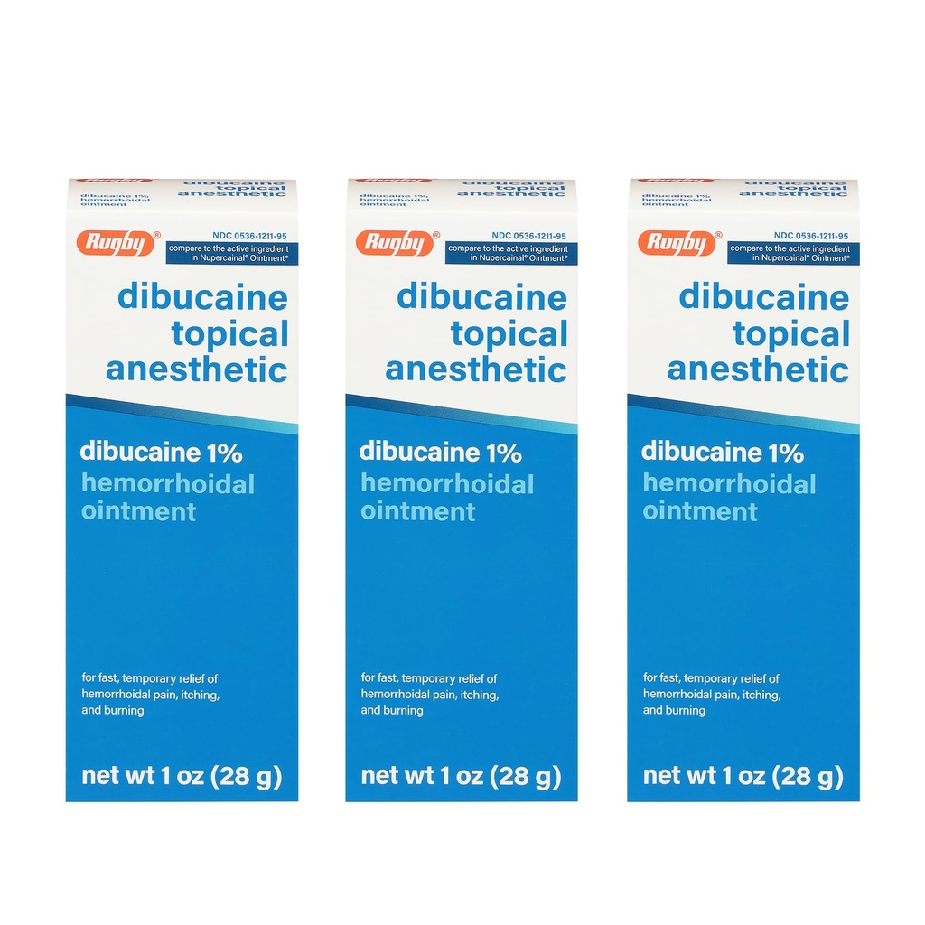 Rugby Dibucaína tópica Anestesia 1% Hemorroid Pomada - Creme de alívio da dor para coceira e queima, Tratamento de hemorroidas, Anti Comichão Creme 1 Oz (3 Pack)