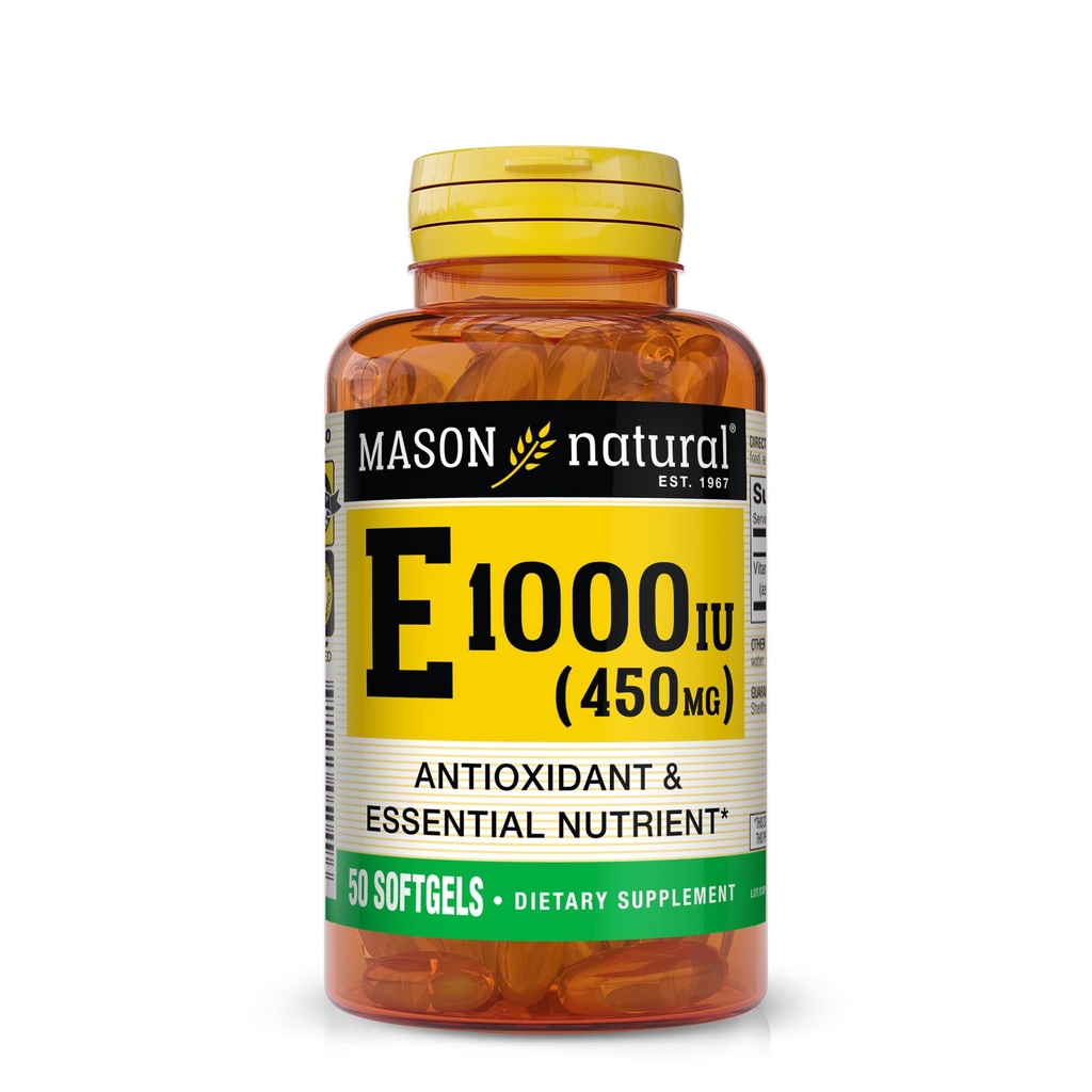 MASON NATURAL Vitamina E 450 mg (1.000 UI) - Antioxidante e Nutriente Essencial, Sistema Imune Saudável, Pele e Olhos, Suplemento Corpo inteiro, 50 Softgels