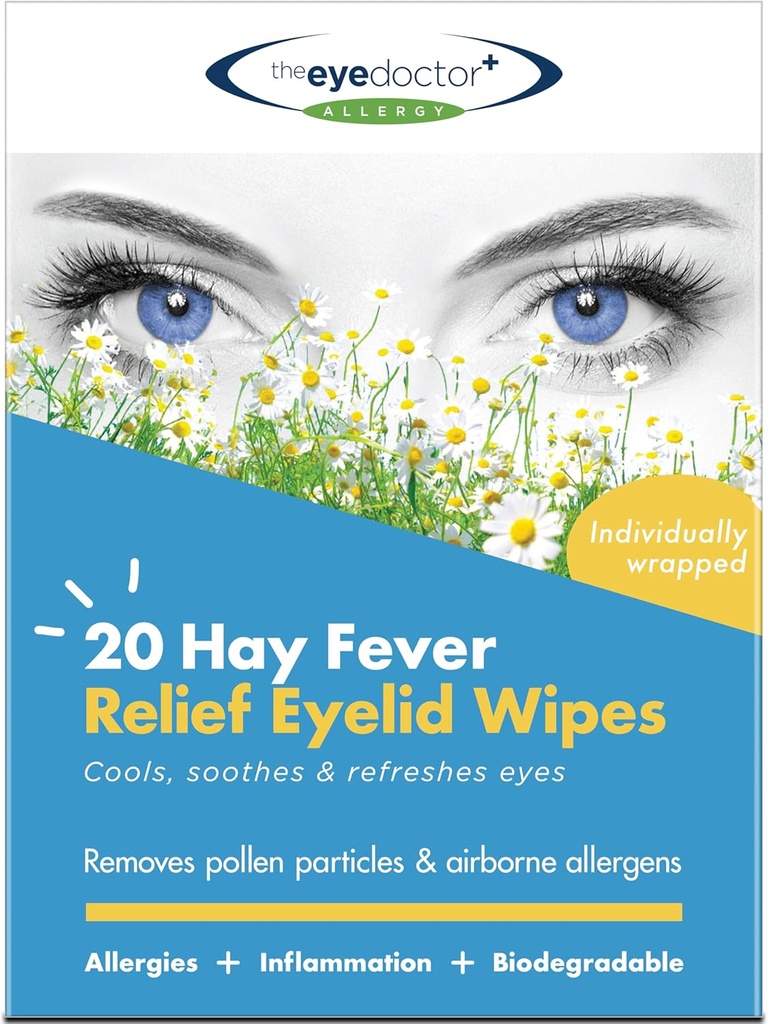 The Eye Doctor Hay Fever Relief Eyelide Wipes - 20x Single Use Eye Wipes for Allergy & Hayfever - Inflamação, Itchy Watery Eyes, Cefaleias e Enxames - Refrigeração Aliviação calmante