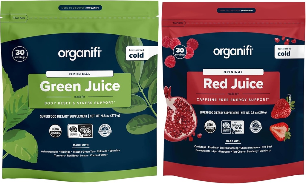 Organifi Green Juice e Red Juice Bundle - Fonte de 30 dias - Delicioso, refrescante suplemento orgânico de superalimentos em pó com antioxidantes para apoio de energia e alívio de estresse - Sem OGM, glúten ou soja