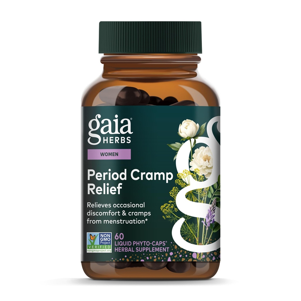 Gaia Herbs Cramp alívio - Suplemento de ervas para equilíbrio hormonal & período Cramp alívio - Feito com raiz de alcaçuz orgânico, Raiz de peônia branca, Azevinho & Mais - 60 Cápsulas Vegan (60 Servings)