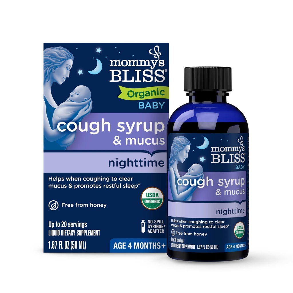 Mommy's Bliss Organic Baby Cough Syrup & Mucus Night Time, Contém orgânico Agave e Ivy Leaf, Feito para bebês 4 meses +, 1,67 Onça fluida